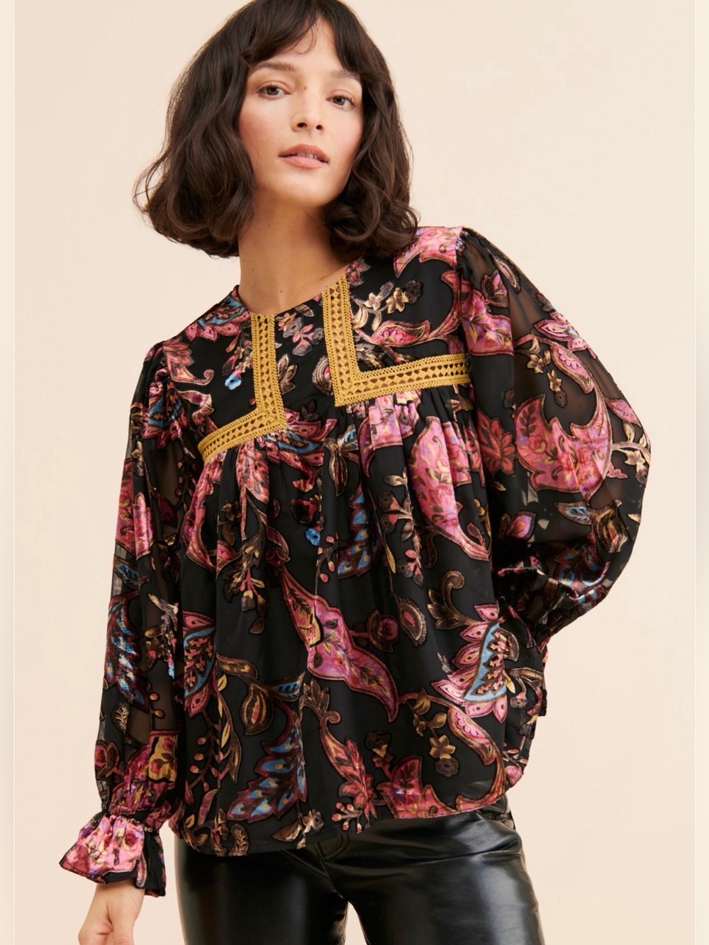 Anthropologie Let me be Velvet Paisley Floral and Gold Trim Blouse